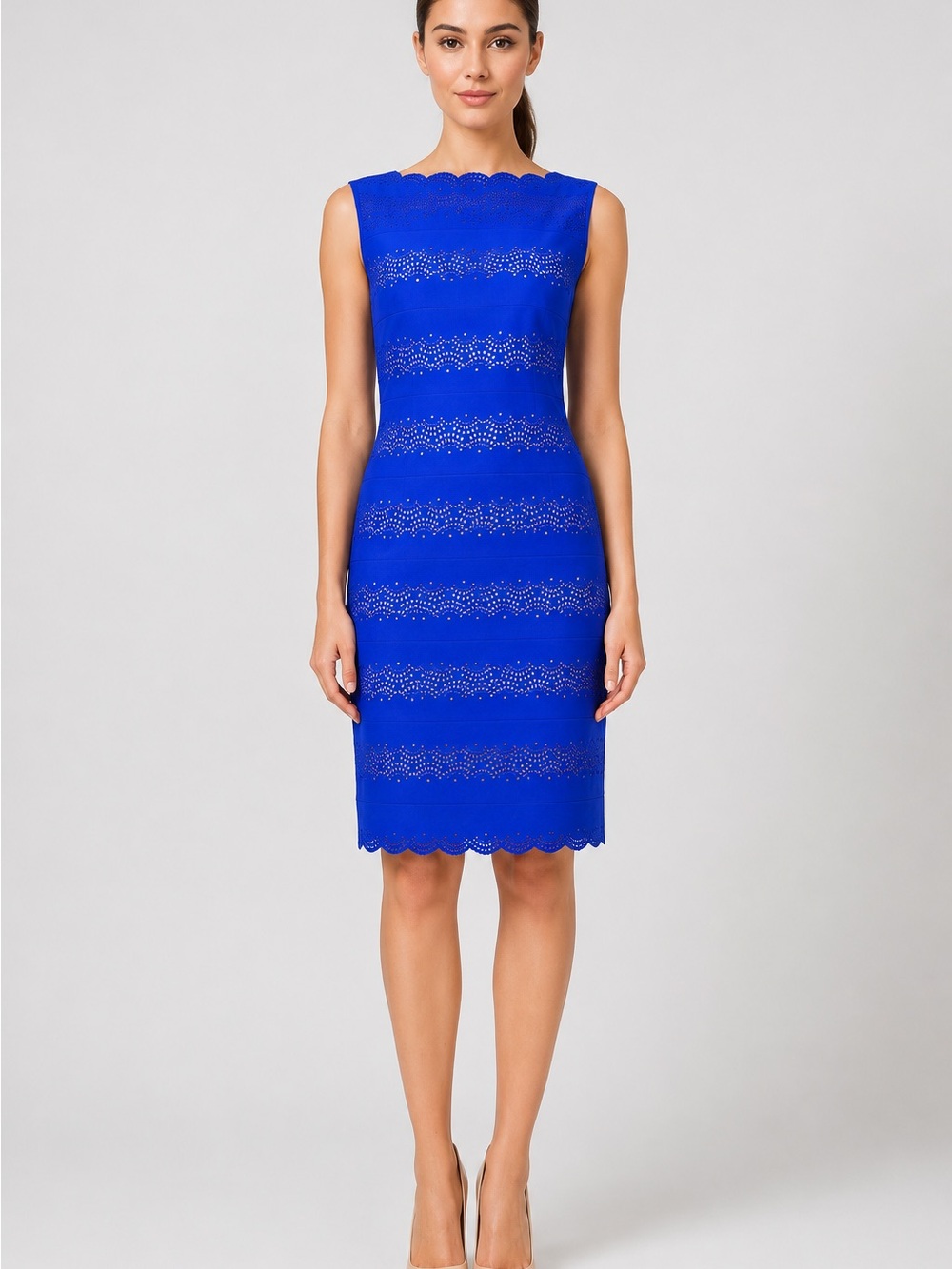 Tadashi Shoji Blue Laser Cut Neoprene Sheath Dress XS